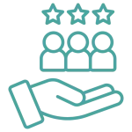 A line drawing of a hand holding 2 icons of people with stars above their heads