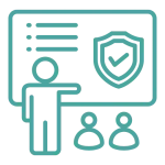 Training Services – Ashfold Consulting Line drawing of a person in front of a board with an industry shield badge, pointing to it while icons of people look on, from the audience.