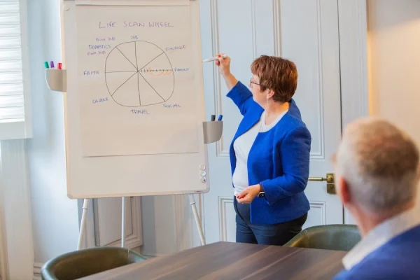 Linda Gent presenting training using the life scan wheel model on a flip chart